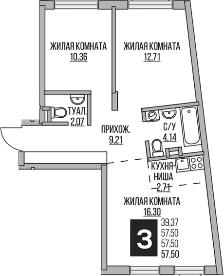 Планировка: Евротрёшка 57,5 м² в ЖК «Гранель Аникеевский»