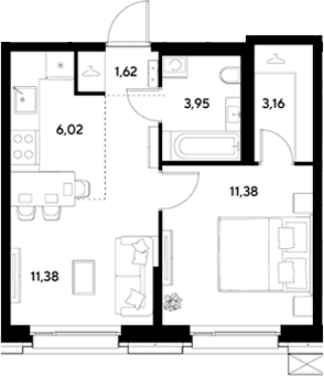Планировка: Евродвушка 37,5 м² в ЖК «ЭВО»