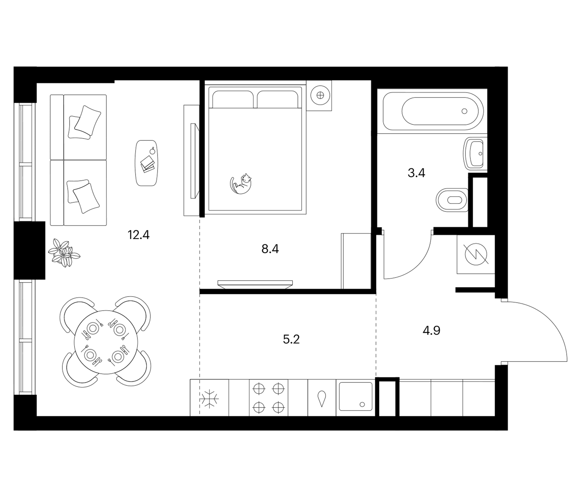 Планировка: Студия 34,3 м² в ЖК «Бунинская набережная»