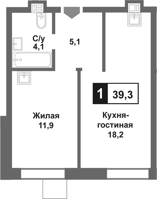 Планировка: Евродвушка 39,3 м² в ЖК «Лесная Отрада»
