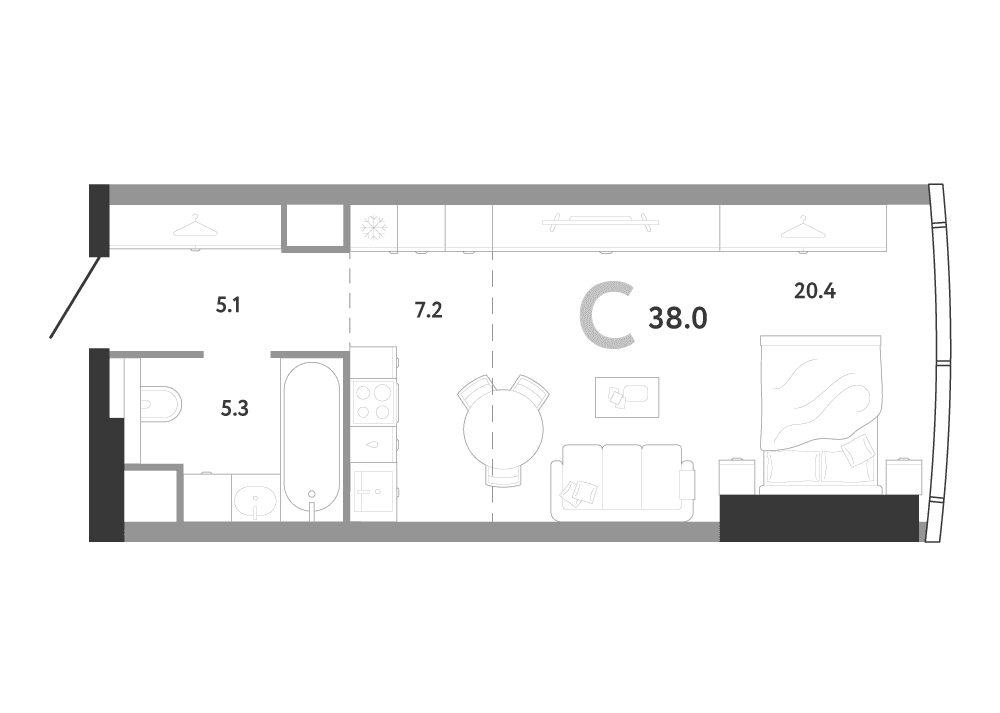 Планировка: Студия 38 м² в ЖК «АУРУС Резиденции»