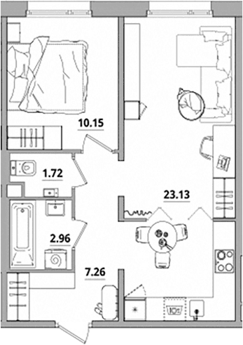 Планировка: Евродвушка 45,2 м² в ЖК «Тишин»