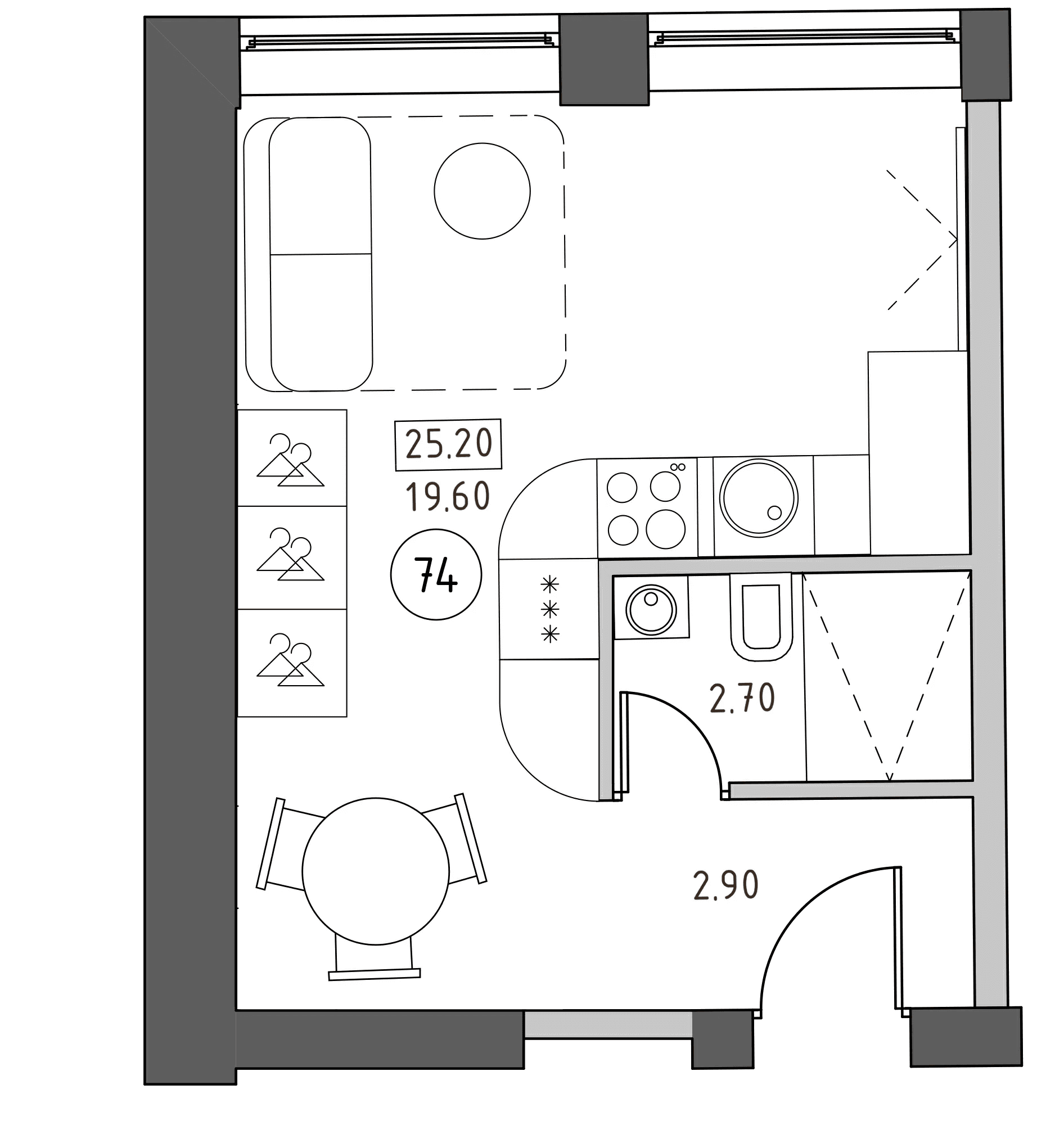 Планировка: Студия 25,2 м² в ЖК «Швецова, 4»