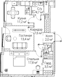 Планировка: 2-комнатная квартира 61,1 м² в ЖК «СЕЗАР БУДУЩЕЕ»