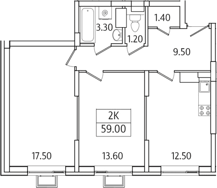 Планировка: 2-комнатная квартира 59 м² в ЖК «Видный Берег 2.0»
