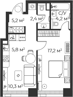 Планировка: Евродвушка 45 м² в ЖК «Веер»