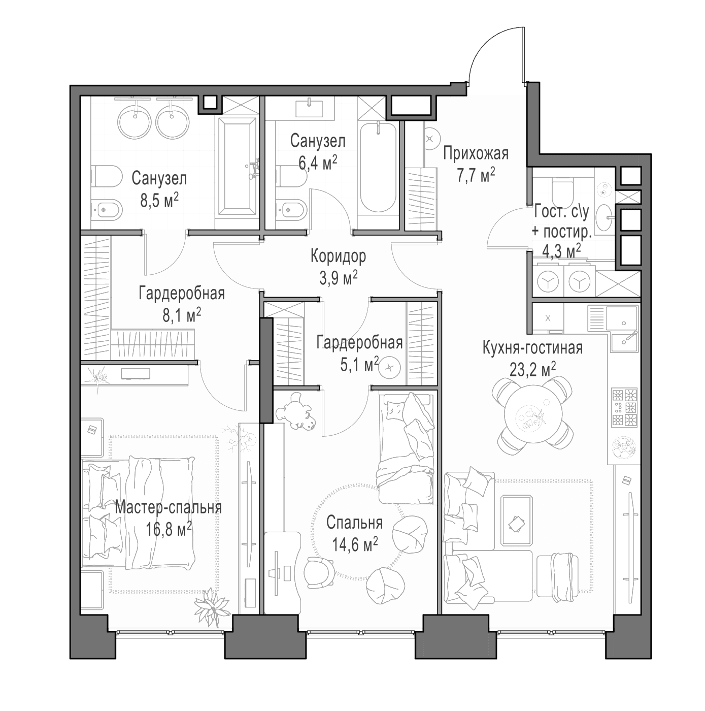 Планировка: Евротрёшка 99,5 м² в ЖК «Квартал Life Time»