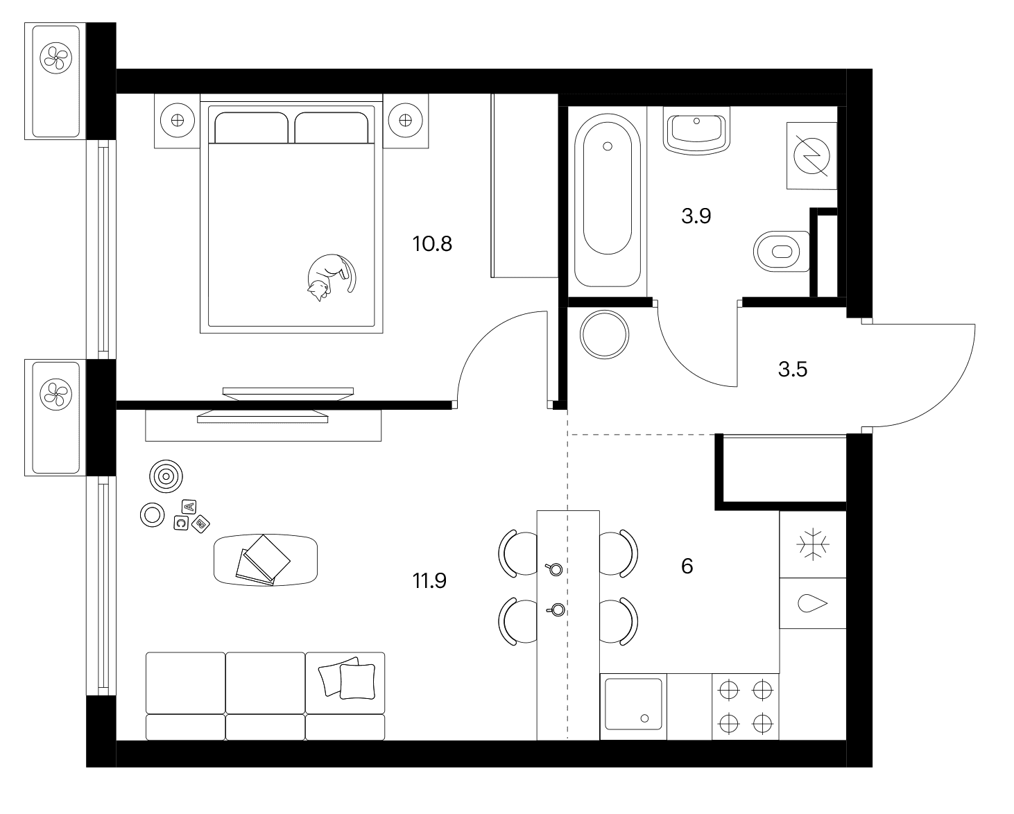 Планировка: Евродвушка 36,1 м² в ЖК «Белая Дача парк»