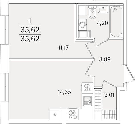 Планировка: Евродвушка 35,6 м² в ЖК «Кинопарк»
