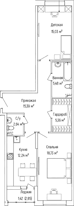 Планировка: 2-комнатная квартира 74,9 м² в ЖК «Рига Хиллс»