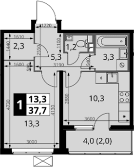 Планировка: 1-комнатная квартира 35,7 м² в ЖК «1-й Южный»