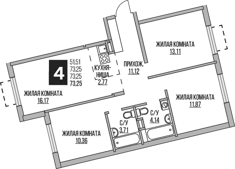 Планировка: Квартира евро-4 73,3 м² в ЖК «Гранель Аникеевский»