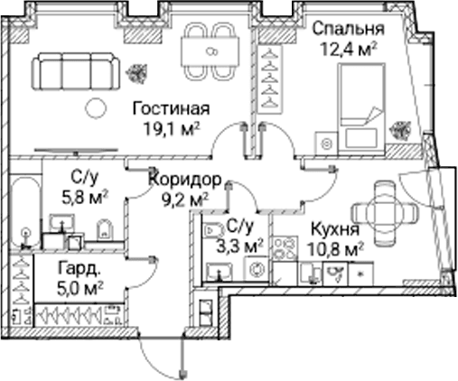 Планировка: 2-комнатная квартира 65,6 м² в ЖК «СЕЗАР БУДУЩЕЕ»