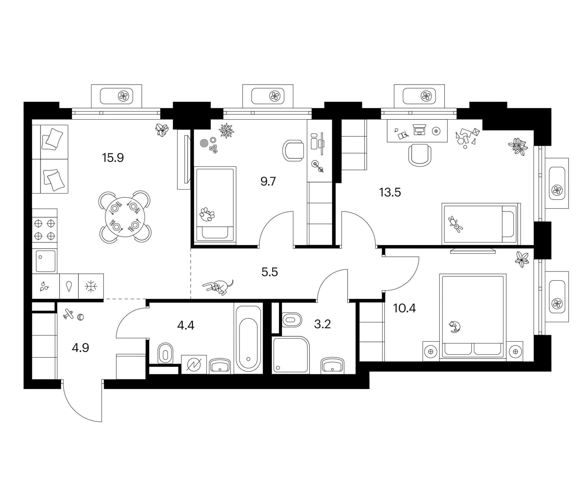 Планировка: 3-комнатная квартира 67,5 м² в ЖК «Белая Дача парк»