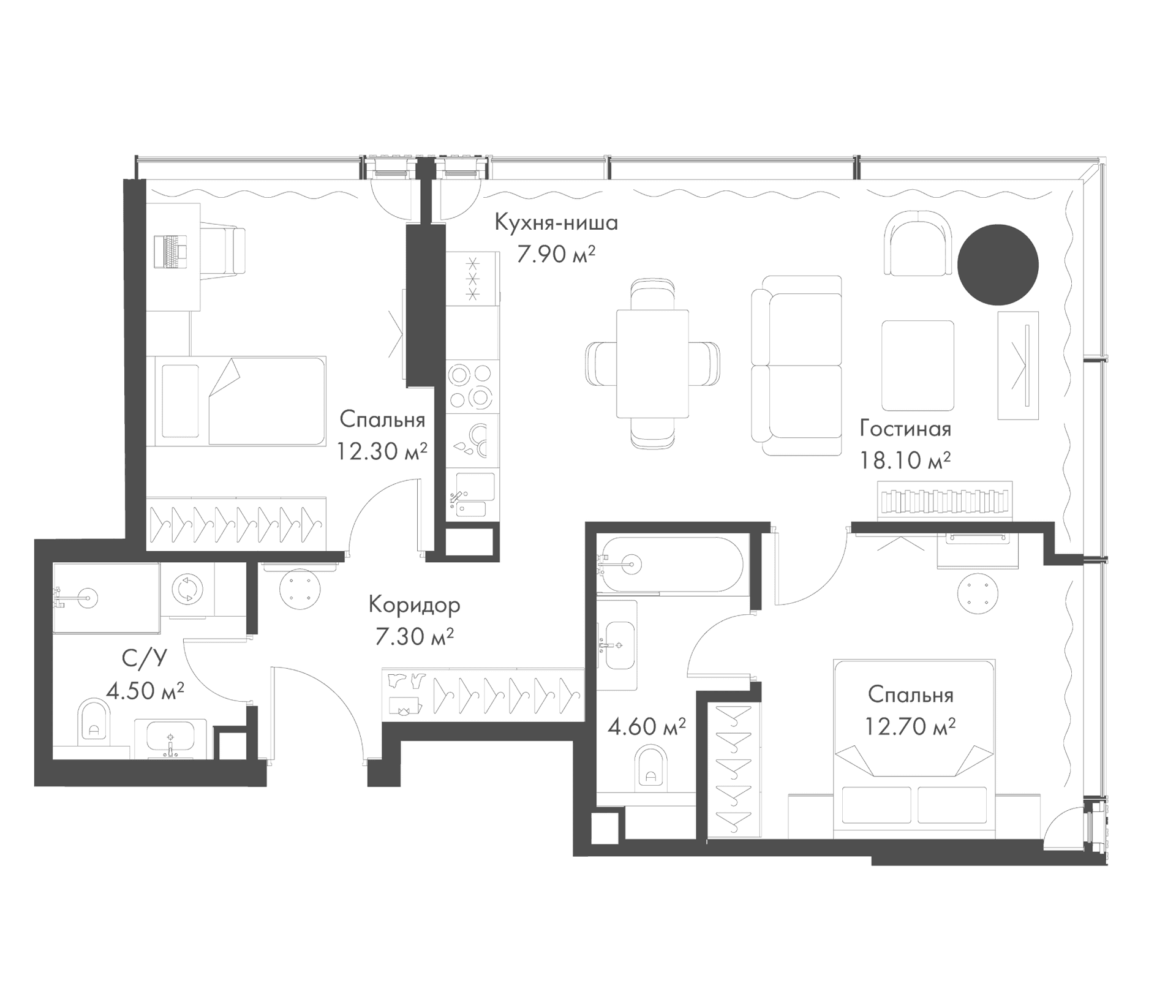 Планировка: Евротрёшка 67,4 м² в ЖК «Слава»