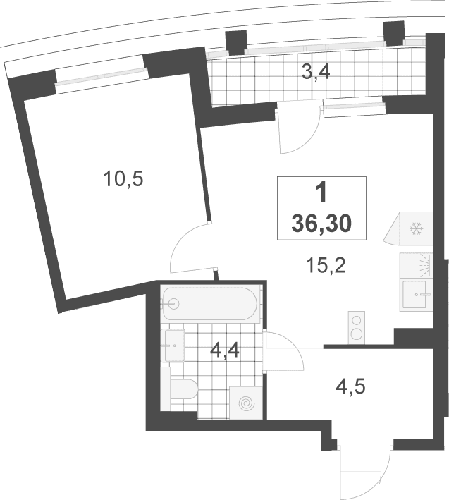 Планировка: Евродвушка 34,6 м² в ЖК «Деснаречье»