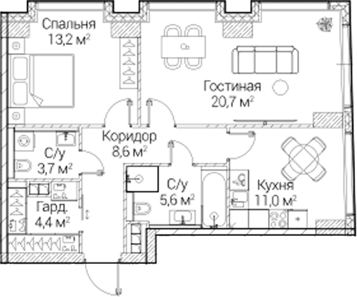 Планировка: 2-комнатная квартира 67,4 м² в ЖК «СЕЗАР БУДУЩЕЕ»