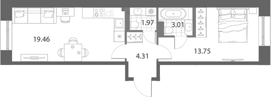 Планировка: Евродвушка 42,5 м² в ЖК «Нева Арт»