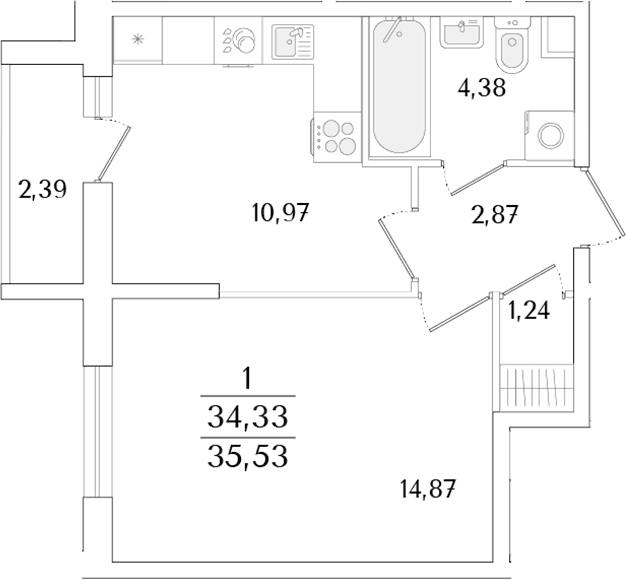 Планировка: 1-комнатная квартира 34,3 м² в ЖК «Кинопарк»