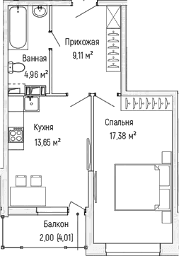 Планировка: 1-комнатная квартира 45,1 м² в ЖК «Рига Хиллс»
