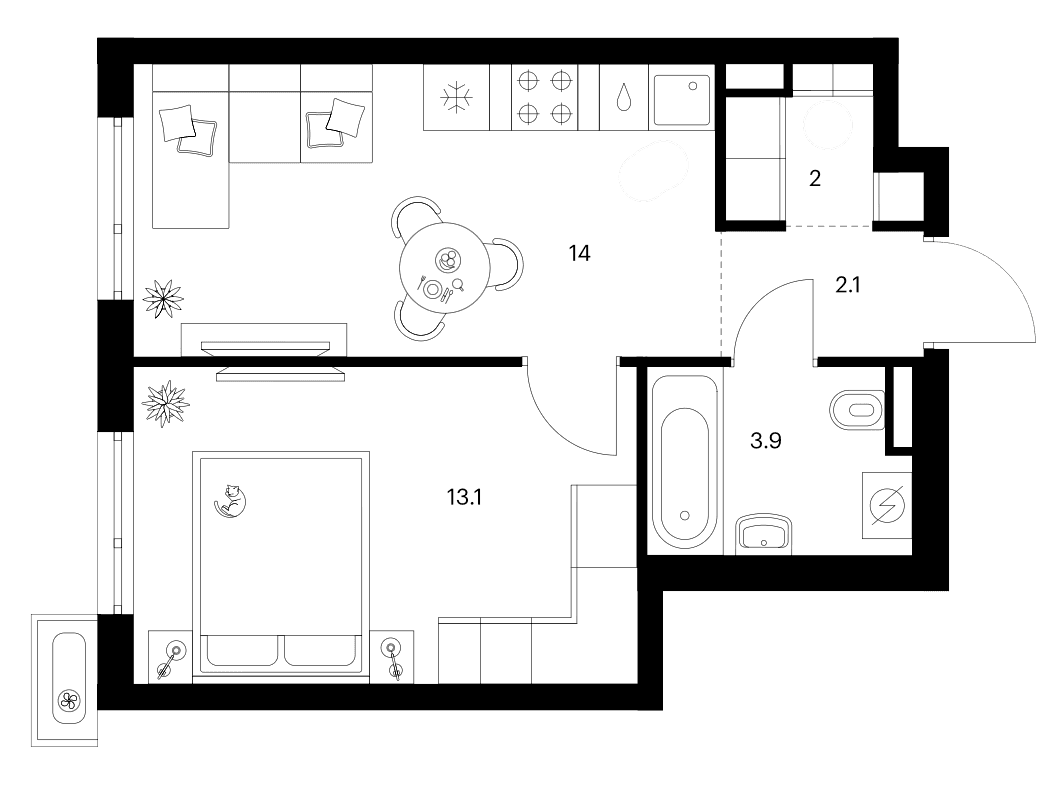 Планировка: 1-комнатная квартира 35,1 м² в ЖК «Зеленый парк»