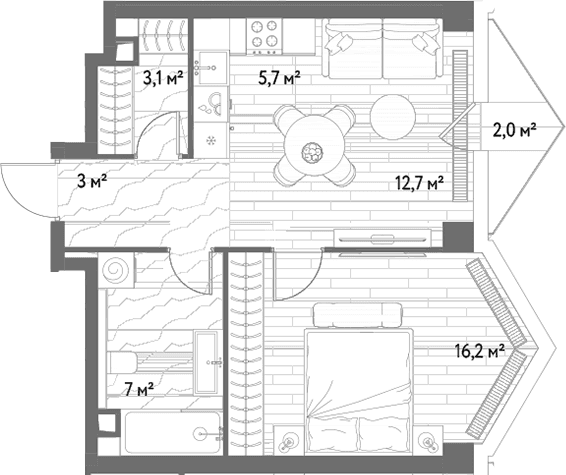 Планировка: Евродвушка 47,7 м² в ЖК «С5»