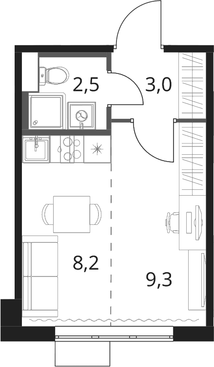 Планировка: Студия 23 м² в ЖК «1-й Шереметьевский»