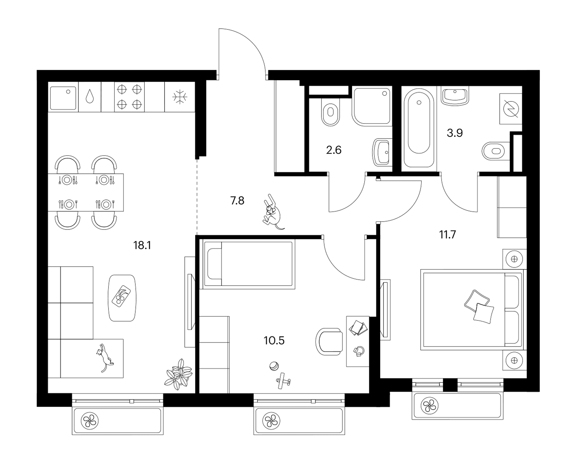 Планировка: 2-комнатная квартира 54,6 м² в ЖК «Белая Дача парк»