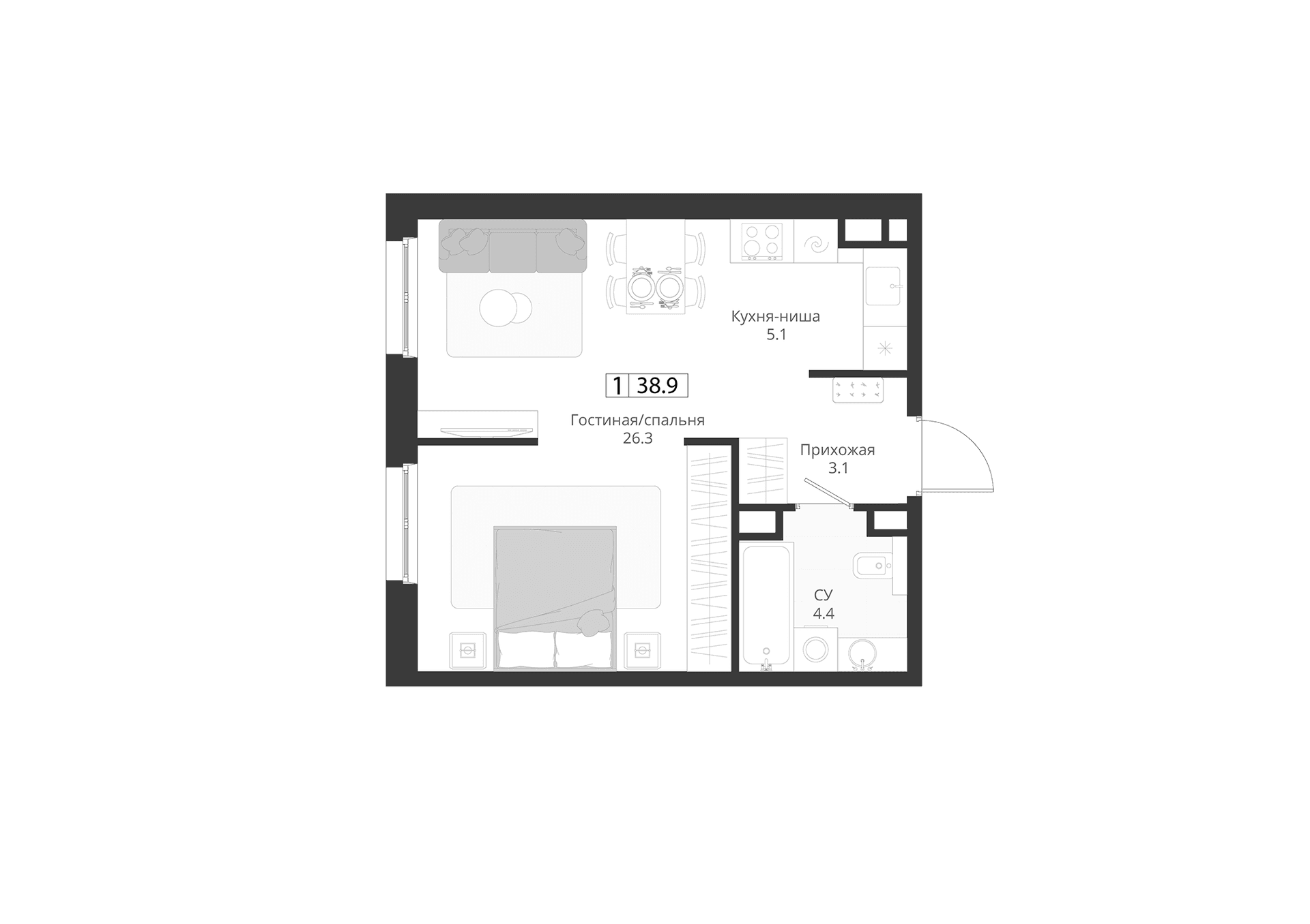 Планировка: Студия 38,9 м² в ЖК «ГРЭЙ»