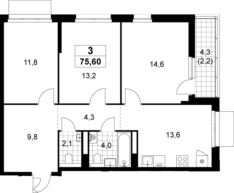 Планировка: 3-комнатная квартира 73,4 м² в ЖК «Деснаречье»
