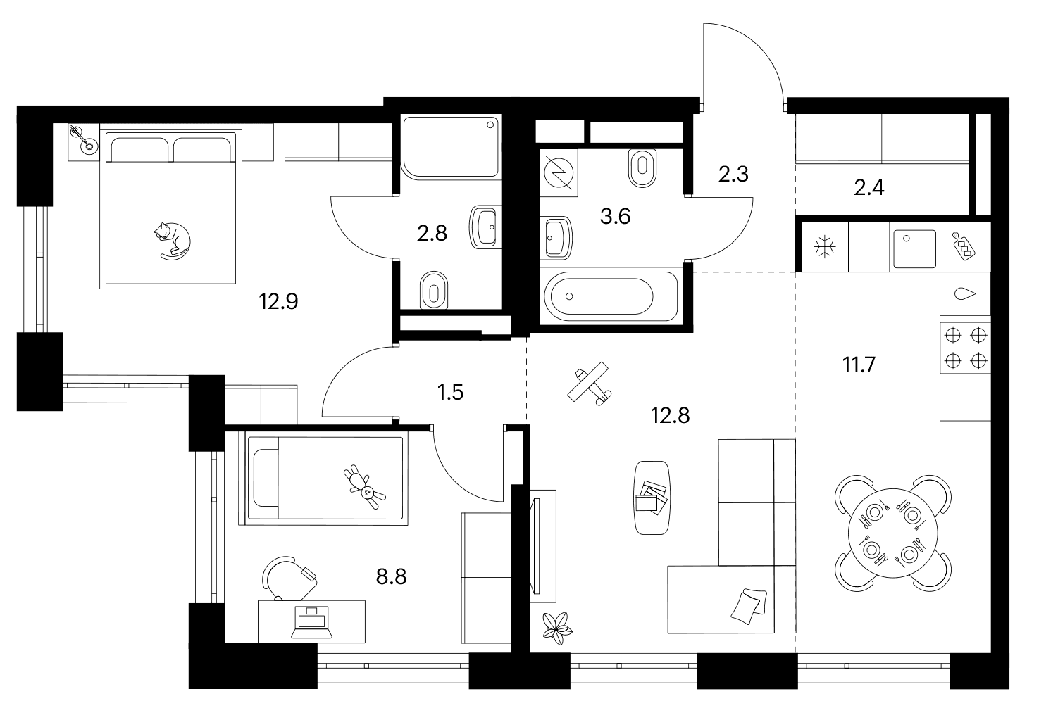 Планировка: Евротрёшка 58,8 м² в ЖК «2-й Иртышский»