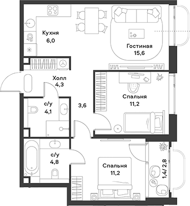 Планировка: Евротрёшка 60,8 м² в ЖК «АЛИА»