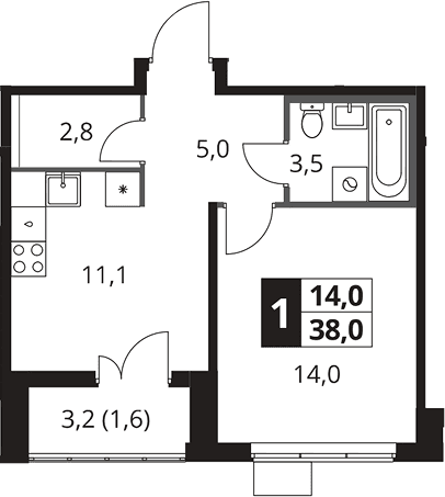 Планировка: 1-комнатная квартира 36,4 м² в ЖК «1-й Южный»