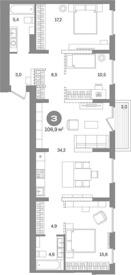 Планировка: 3-комнатная квартира 103,9 м² в ЖК «Первый квартал. Вторая очередь»