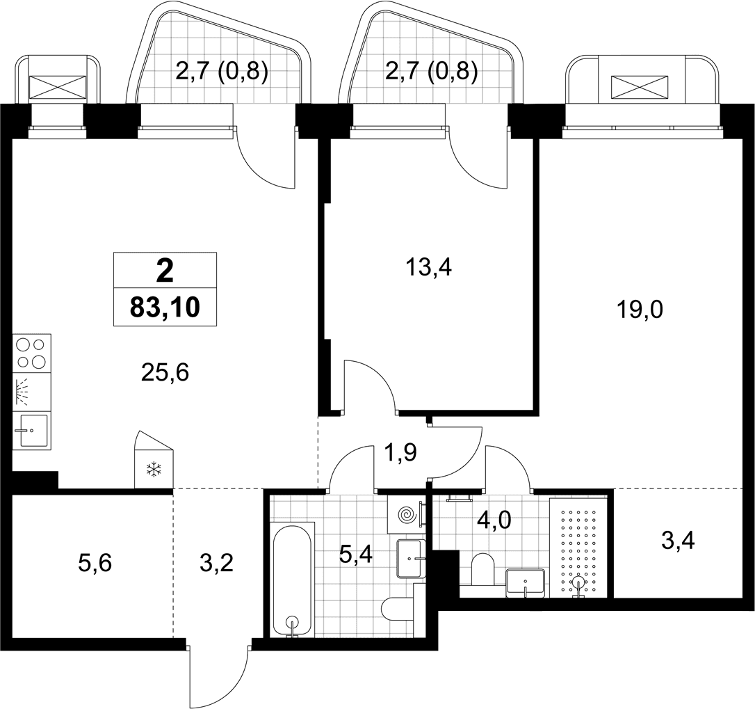 Планировка: Евротрёшка 81,5 м² в ЖК «Хольм»