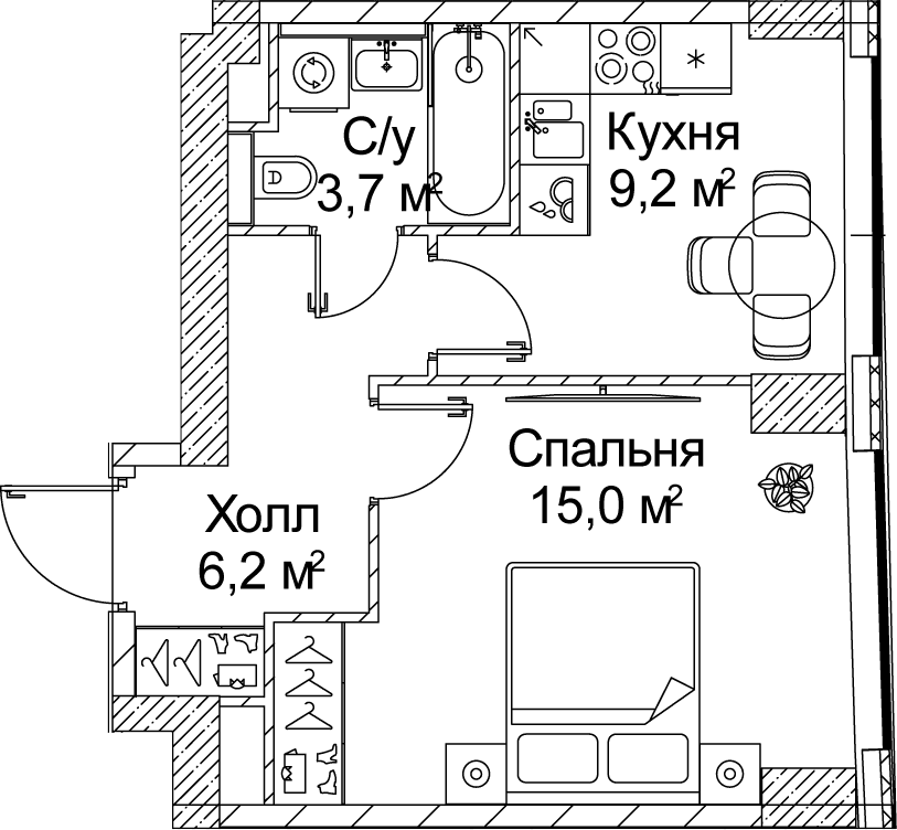 Планировка: 1-комнатная квартира 34,9 м² в ЖК «СЕЗАР БУДУЩЕЕ»