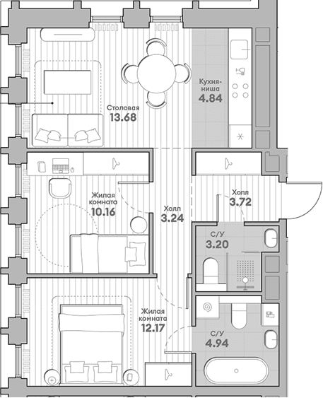 Планировка: Евротрёшка 56 м² в ЖК «ИНДИВО»