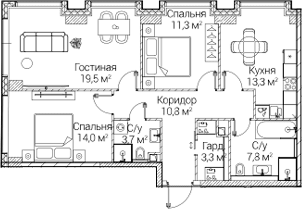 Планировка: 3-комнатная квартира 83,7 м² в ЖК «СЕЗАР БУДУЩЕЕ»