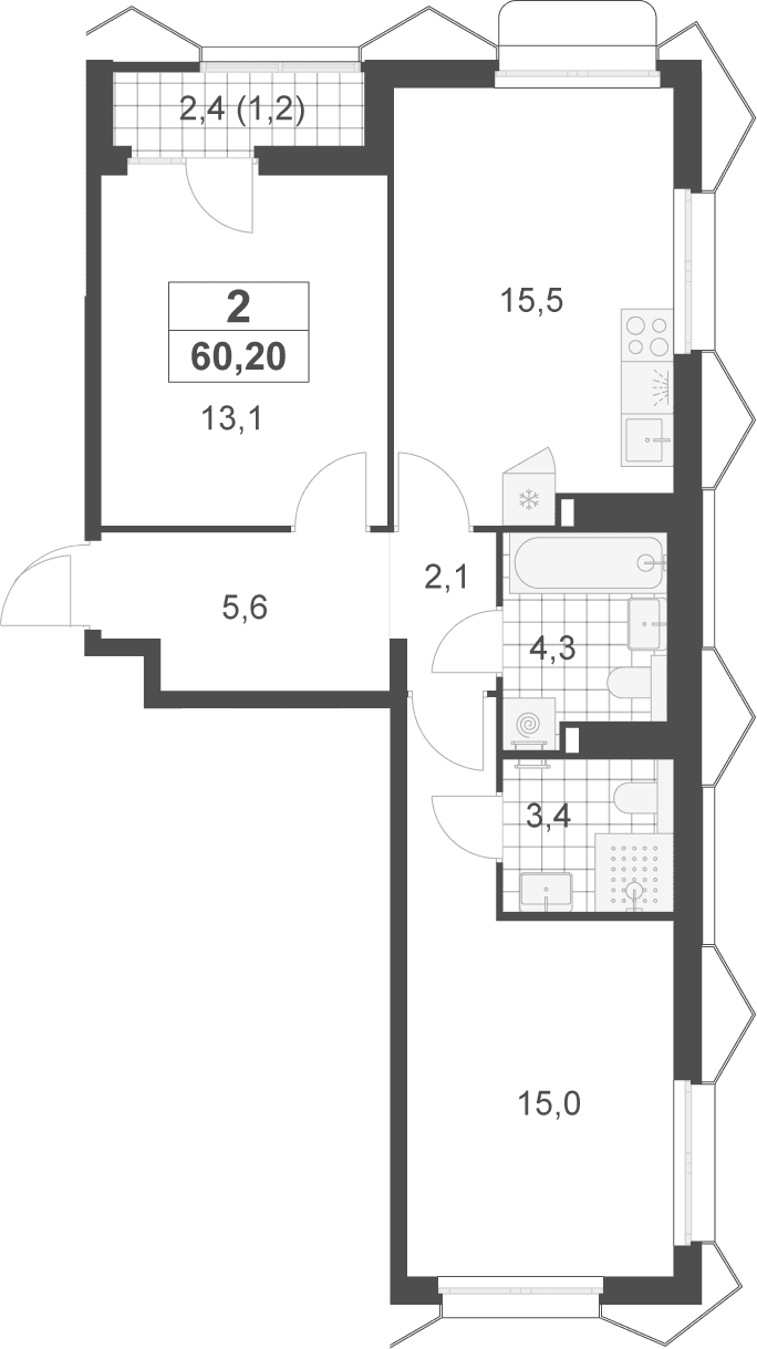 Планировка: 2-комнатная квартира 59 м² в ЖК «Деснаречье»