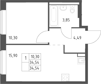 Планировка: Евродвушка 34,5 м² в ЖК «Большое Юрлово»