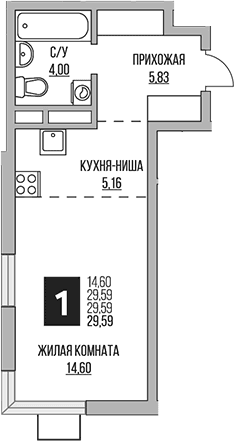 Планировка: Студия 29,6 м² в ЖК «Гранель Мытищи»