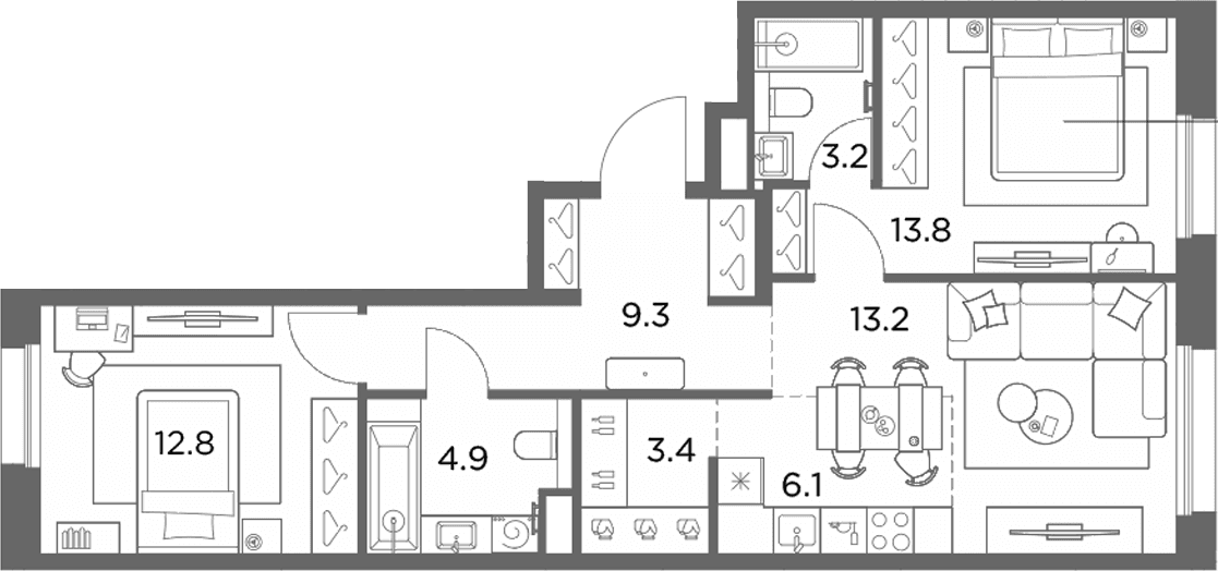 Планировка: Евротрёшка 66,7 м² в ЖК «Станиславский»