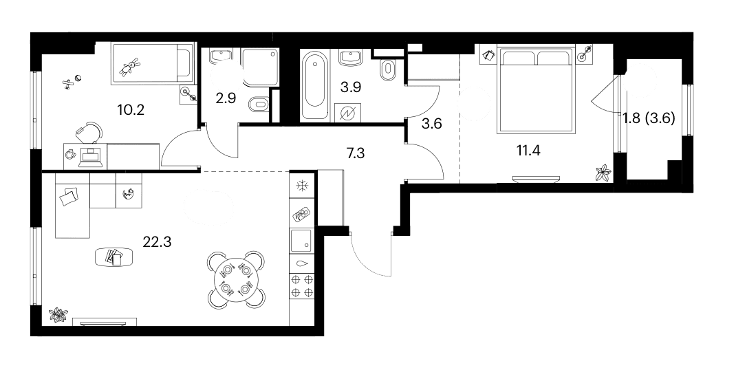 Планировка: 2-комнатная квартира 61,6 м² в ЖК «Белая Дача парк»