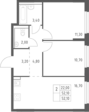 Планировка: Евротрёшка 52,1 м² в ЖК «Химки Парк»