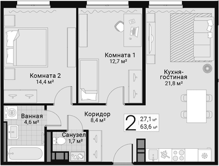 Планировка: 2-комнатная квартира 63,6 м² в ЖК «Руднева, 15»