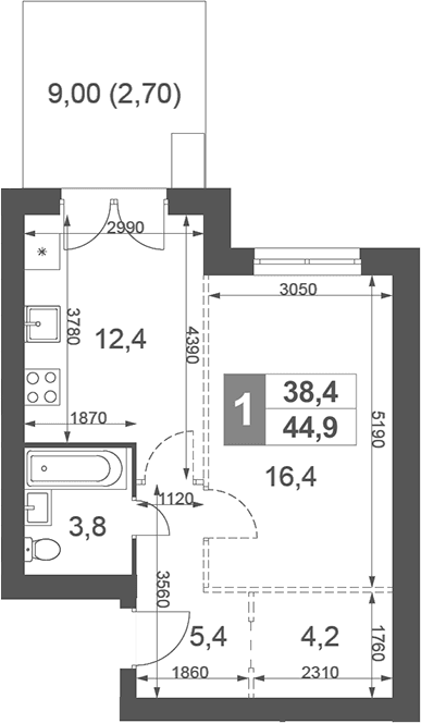 Планировка: 1-комнатная квартира 42,2 м² в ЖК «Дубровицы Клаб»