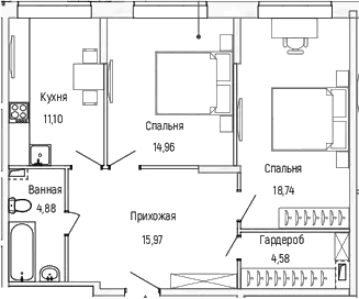 Планировка: 2-комнатная квартира 70,2 м² в ЖК «Рига Хиллс»