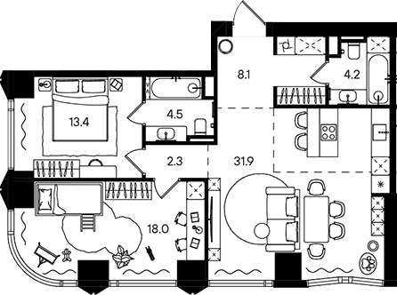 Планировка: Евротрёшка 82,4 м² в ЖК «СТОУН Блик»