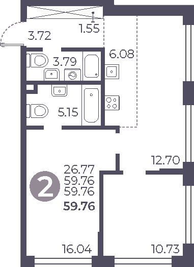 Планировка: 2-комнатная квартира 59,8 м² в ЖК «Мневники от Гранель»