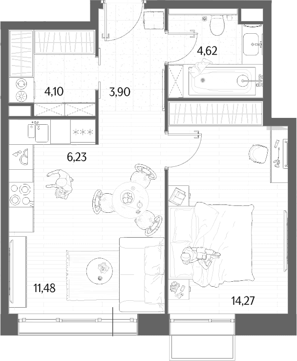 Планировка: Евродвушка 44,6 м² в ЖК «МЫС»